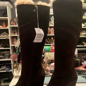 Gucci (authentic) Suede Shearling Fur Courtney Tall Wedge Boots 40 Cocoa
